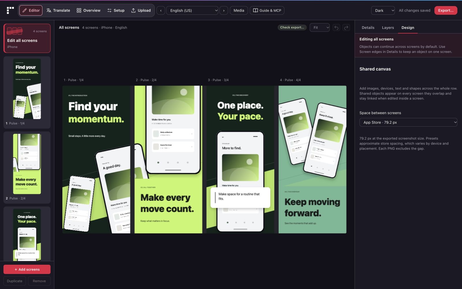 Screenshot Studio 0.2.8 in dark mode, editing a four-screen Pulse design