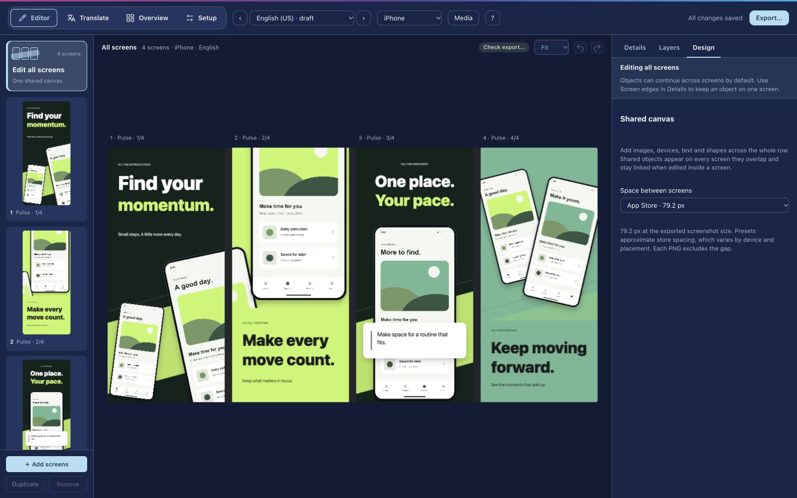 Screenshot Studio editor showing the built-in four-screen Pulse design with original sample app content